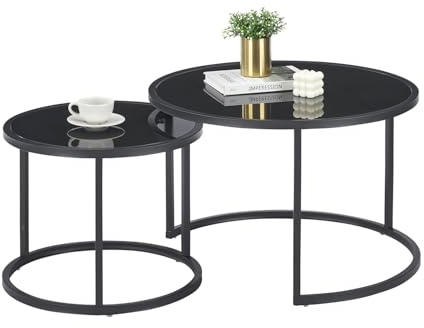 Soayone Couchtisch Glas, Couchtische Rund mit Schwarz Metallgestell, Couch Tisch, Coffee Table, Wohnzimmertisch Schwarz, Couchtisch 2er Set 70x70x45 & 50x50x40 cm