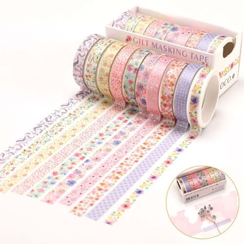 10 Rollen Washi Tape, Dünn Folie Gold Schöne Blumen Washi Tape Set Dekoratives Klebeband für Scrapbooking, Dekoratives Goldstempelband Geschenkverpackung Urlaubsdekoration Bullet Journal Masking Tape