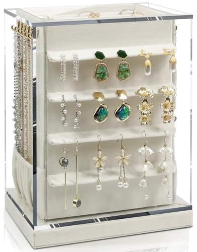 KAMIER Schmuckaufbewahrung 360° Drehbar, Schmuckkasten 5 Schubladen, Grosses Schmuckkästchen Aufbewahrung Ohrring, Seitliche Öffnung Glasfenster, offenes Design, Vertikale Jewelry organizer(Beige)