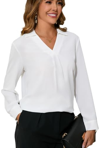 Dosieyeo Damblus, elegant V-ringad tunika med krage, långärmad flödande slip-blus, ledig, lättskött, skjortblus, Vit, XL