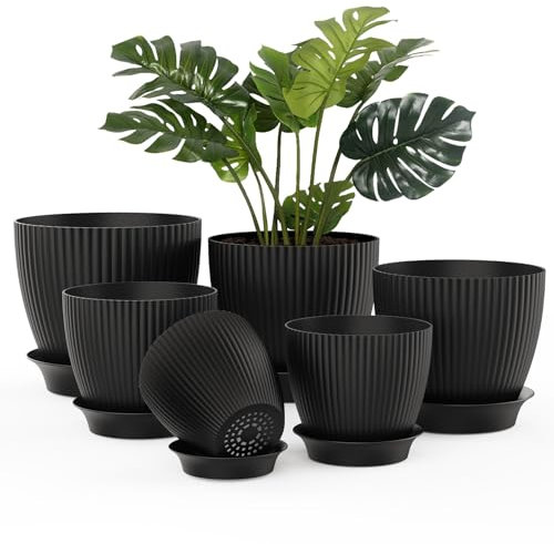 JOJOSEE 6 Pack Plant Pots Indoor, Flower Pot with Drainage Holes and Tray, Plastic Planter for House (Black, 6 Pack)