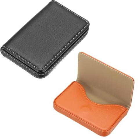PATIKIL Porta biglietti da visita in pelle PU, 2 pezzi, custodia per biglietti da visita con chiusura magnetica, porta carte d'identità, unisex, arancione/nero