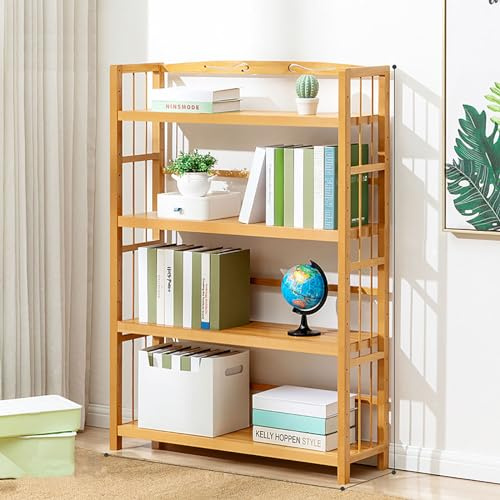 Estantería industrial de bambú de 4 niveles con puertas y almacenamiento de cubos, estante alto independiente