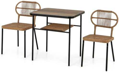 GYMAX Set di 3 Mobili da Giardino, Set di 1 Tavolo e 2 Sedie in Ratten, Set da Bistro a 3 Pezzi, Sedie Impilabile e Salvaspazio, Struttura in Metallo, Schienale Confortevole, per Cortile, Balcone