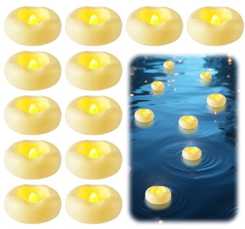 12 velas flotantes, velas flotantes sin perfumar, velas flotantes LED de 5,1 cm, color blanco, resistentes al agua, sin humo, para piscina, bañera, estanque, fiesta y boda, resistente al agua