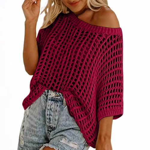 BFSWL Pull en tricot avec trous pour femme - Été creux - Haut tricoté - Épaules dénudées - Demi-manches - Haut en crochet, P-ink, M