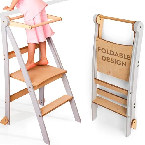 Goodevas Escalera de aprendizaje Montessori de madera que ahorra espacio: escalera de aprendizaje plegable, taburete para niños, escalera plegable para niños, escalera de aprendizaje con protección