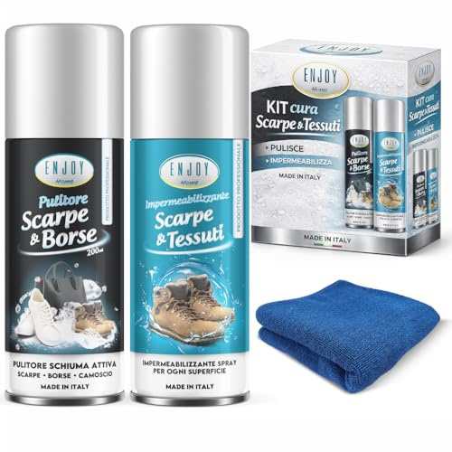 Enjoy Home Kit Cura Scarpe e Tessuti: Pulitore Schiuma Attiva 200ml + Impermeabilizzante Spray 200ml + Panno Microfibra - Set Professionale per Sneakers, Camoscio, Pelle, Borse e Nabuk - Made in Italy
