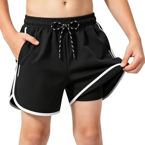 FILOWA Badbyxor för barn, pojkar, korta för snörning, badshorts med fodrade fickor, flickor, simbyxor, reflekterande ränder, badklänning, strand, pool, surfing, badkläder för tonåringar 7–16 år