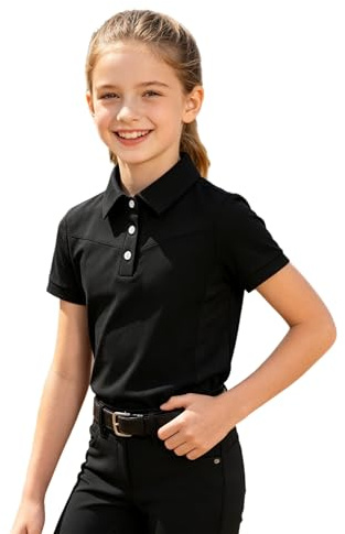 Jugaoge Short Sleeve Shirt Equestre Fille Col Rabattu Manches Courtes Boutons Haut D'équitation Style Équestre 6-16ans Noir 11-12 Ans