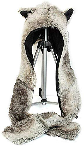 ShellKingdom Plush Novelty Animal Hat, 3in1 Grey Wolf Faux Fur Animal Hood