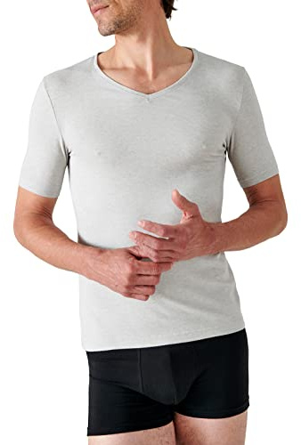 Damart Herren Kurzärmliges T-Shirt aus Thermolactyl-Interlock-Strick mit V-Ausschnitt Thermounterwäsche-Oberteil, Grau Meliert, L