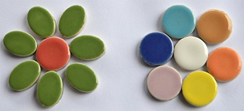 Keramik Mosaiksteine Set:10 oval grün und 10 rund bunt für Blüten, Blumen, Dekoration und mehr ca. 35g