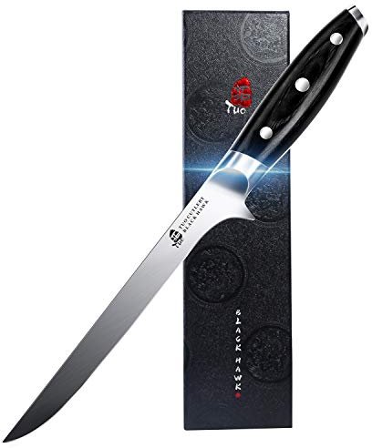 TUO Boning & Filleting Knife 7 Inch German High Carbon Stainless Steel Kitchen Fish Knife, Full Tang Pakkawood Handle Black Hawk Series