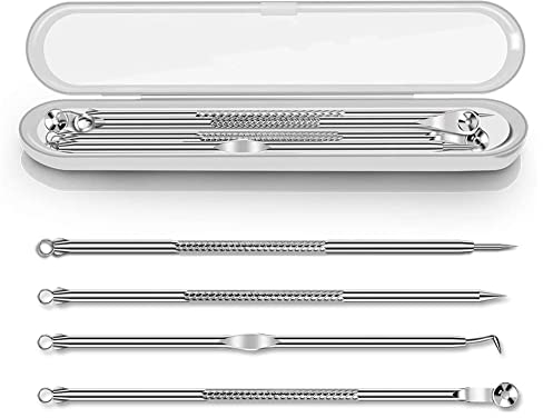 4er Mitesserentferner Komedonenquetscher Set, Doppelseitig Blackhead Remover aus Edelstahl Akne Whiteheads Mitesser Entferner Kit mit transparent Box für alle Hauttypen