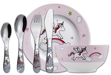 Exzact Posate Regalo 6 Pezzi in Acciaio Inox/Bambini Set da Tavola – 1x Scodella, 1x Piatto, 1x Coltello, 1x Forchetta, 1x Cucchiaino, 1x Cucchiaio -Unicorno