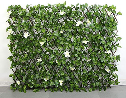 HYGRAD® Garden Screening Trellis Expanding Wooden Fence with Artificial Plant Leaves UK (Green & White Flower)