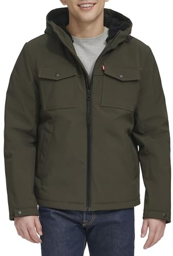 Levi's Men's Soft Shell Two Pocket Sherpa Lined Hooded Trucker Jacket, Olive Tech, Large