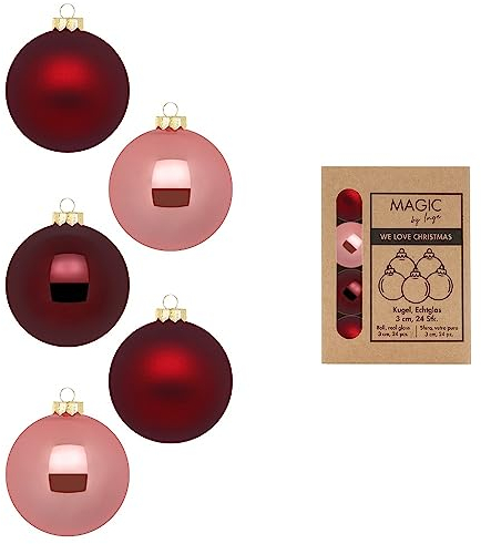 Inge-glas Weihnachtskugeln Glas 3cm x 24 Stück in Kartonbox Christbaumkugeln weinrot rosa Mix Vintage Rose