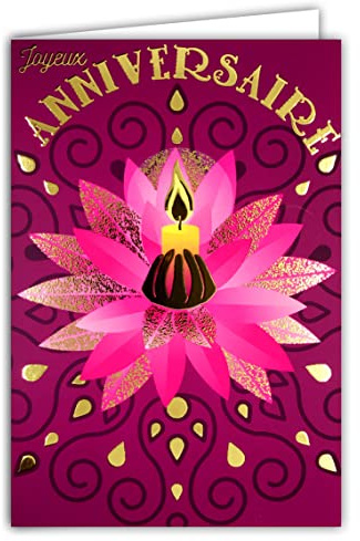 65-1407 Carte Joyeux Anniversaire pour Femme Fille Main Bougie Fleur de Lotus Rose et Or Doré Brillant Lumière Relaxation Détente Bien-être Méditation Zen avec Enveloppe Blanche Format 17,5x12cm AFIE