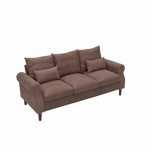 Panana 3 Seater Sofa,Rolled Armrest Design Upholstered Broen Linen Couch,195 x. 80 x 80 cm