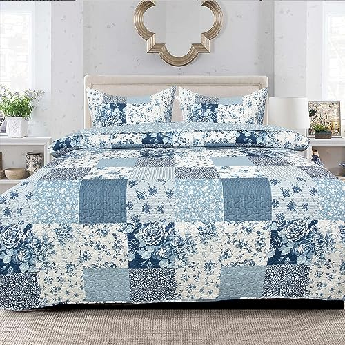 Patchwork Bedspread Box Pattern 100% Cotton Filling Reversible Quilted Throw For Bedroom Decor - Warm Quilt Coverlets Blankets Bedspread with Pillow Case (Ice Blue Floral - Des 6, King)