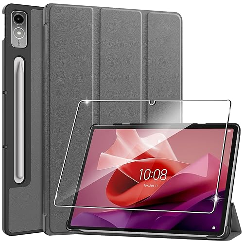 Rojeuinn Hülle für Lenovo Tab P12 12.7 Zoll 2023 Tablette Case Cover+1 Stücks Schutzglas Schutzfolie, Ultra Schlank Superleicht Dreifach Falt Klapp Schutzhülle mit Auto Schlaf/Wach Funktion - Grey