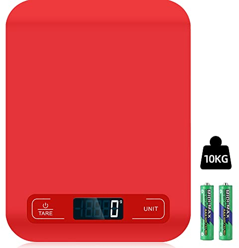 Bilancia da cucina digitale, 10 kg, con display LCD e funzione tara, bilancia da cucina per cuocere e cucinare, misurare ingredienti, gioielli, 1 g – (rosso)