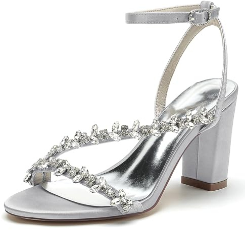 FGRID Sandali da Sposa con Tacco Grosso da Donna, Sandali Eleganti con Tacco Largo e Cinturino alla Caviglia con Strass Sexy, décolleté da Sposa Estivi con Punta Aperta,Argento,37