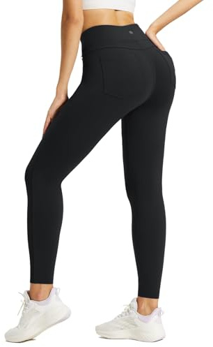 BALEAF Fleecefodrade damleggings jeans look hög midja termiska jeggings med fickor vinter träning sportbyxor, Svart, L