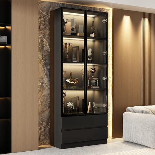 DAWNSPACES Vitrinenschrank mit LED Beleuchtung,Vitrine mit Glastüren+Schubladen,Glasschrank mit 3 LED-Beleuchtung,Bücherschrank mit Glastüren,Buffetschrank für Küchen,Wohnzimmer,Schwarz,80x36x200cm