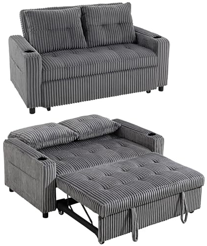 HOMCOM 3-in-1 2 Seater Sofa Bed, Convertible Sleeper Sofa with Adjustable Backrest, Fabric Pull Out Loveseat Bed with 2 Pillows, Side Pockets and Cup Holders for Living Room, Bedroom, Dark Grey