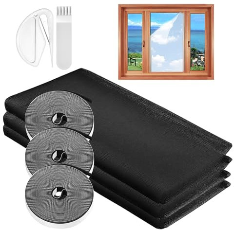 Window Mesh Insect Screen, 3PCS DIY Self-Adhesive Insect Netting for Windows, 130X150CM Window Bug Screen Mosquito Fly Net with A Rolls of Hook Sticky Tape, Suitable for Many Types of Windows Black
