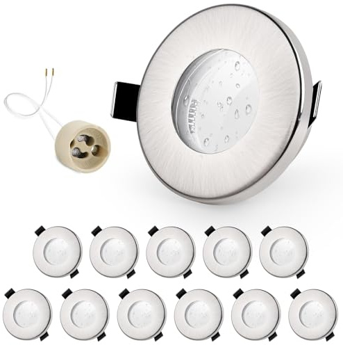 GeyouLux 12 x infällda LED-spotlights IP65 socket ram GU10 LED-spotlights järntak borstat nickel 68 mm hål gipsskivor badrum kök runda spotlights