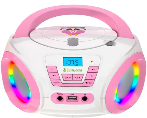 Tunes CD-spelare för barn - FM-radio - högtalare - batterier ingår | Inbyggda discolampor, tyst lyssnande hörlursuttag - söt rosa radio CD-spelare med högtalare - rosa