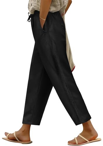 PASUDA Pantaloni Donna Estivi 7/8 Leggeri Larghi Comodi Cotone Pantalone Elastico Vita Alta Casual Elegante Pantaloni da Lavoro Gamba Dritta Spiaggia Pantalone con Tasche(Nero,L)