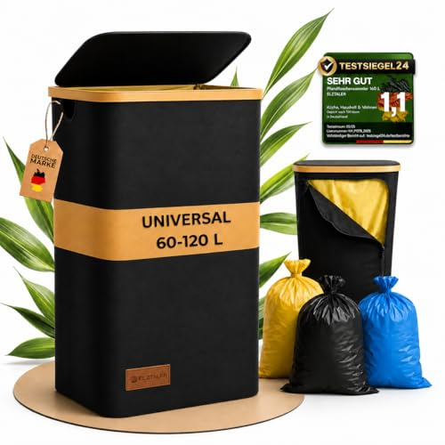 ELZTALER Supporto giallo con coperchio, 60 – 120 l, per sacco della spazzatura, per cucina e casa, stabile, nero