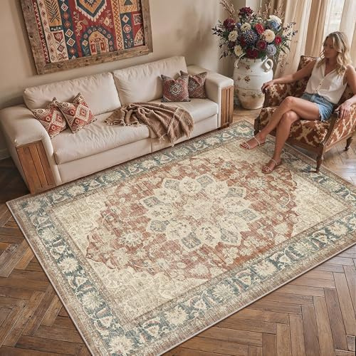 PureCozy Alfombra Salon 120x170cm Rojo Azul Antideslizante | Lavable, Vintage, Grande, Tapete, Dormitorio, Pie de Cama, Sala, Comedor, Carpet, Pelo Corto, Rug