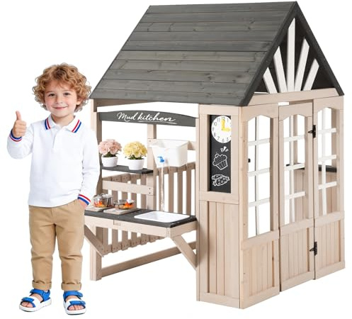 Casetta da Gioco in Legno per Bambini, con Cucina di fango, Lavandino, Lavagna, Accessori Inclusi, Cucina da esterno, Giocattolo da Giardino Regalo per 3 +