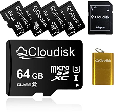 Cloudisk 5-pack 64 GB MicroSD-kort Micro SDXC-minneskort med full storlek adapter och kortläsare, UHS-I, U3, Class10, bulkförsäljning
