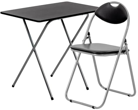 Harbour Housewares Wooden Folding Desk & Chair Set - Silver/Black Small Portable Home Office Wooden Top Foldable Desk and Folding Chair Set Workstation for PC, Laptop Study