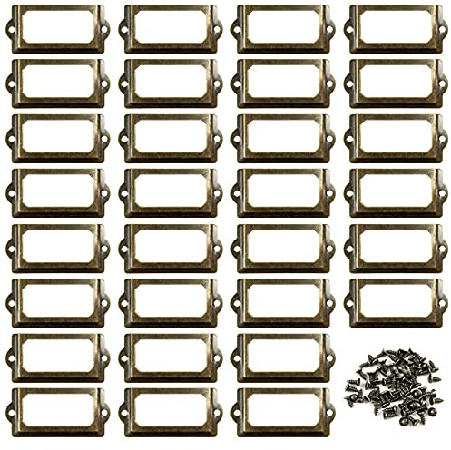 30PCS Metal Label Holders,Shelf Label Holder for Wood Shelves,Name Card Holder,Label Holder for Drawer Cabinet. 70x33mm Bronze Card Catalog Drawer Label Frame with 60PCS Screws,by ChanQnTon.