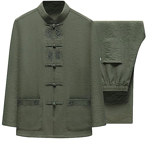 ZooBoo Unisex Cotton Linen Sport Taichi Suit - Chinese Traditional Martial Arts Exercise Kungfu Long Sleeve Uniform (XXL, Green)