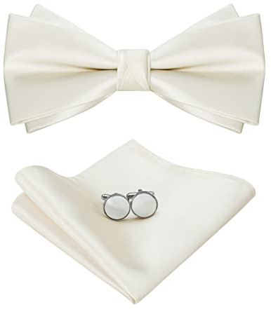 HOULIFE Ensemble nœud papillon pour homme – Nœud papillon réglable en satin polyester pré-noué, mouchoir uni, boutons de manchette pour marié, mariage formel avec boîte cadeau, ivoire, 12x6cm