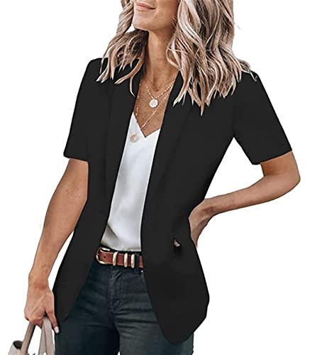 Sawmew Blazer Elegante de Manga Corta para Mujer, Chaqueta de Oficina de Negocios Entallada de Color Sólido, Abrigo, Trajes Informales, Prendas de Vestir con Solapa