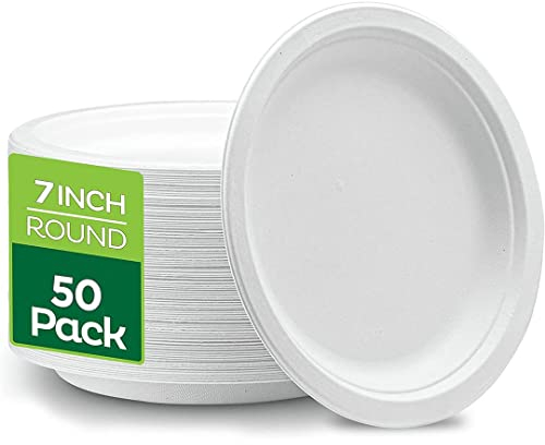 Super Rigid Disposable Plates (7 Inches) (Pack of 50), 100% Biodegradable White Bagasse Paper Plates, Made of Sugarcane Fibers - Perfect for Picnics Parties