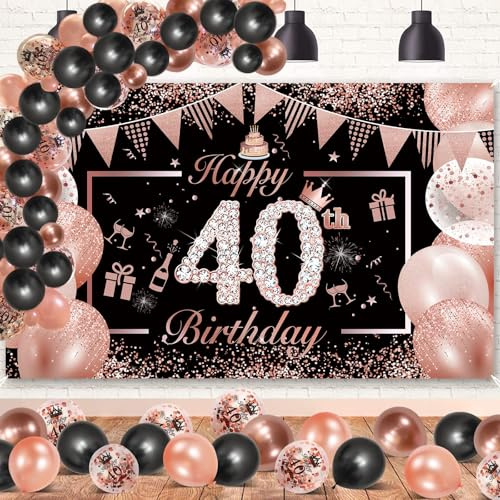 DJLLA 40 Años Decoración Mujer Rosa Oro Negro, Extra Grande Tela Pancarta Feliz Cumpleaños, Póster, Globos y Photocall Fondo para Mujer