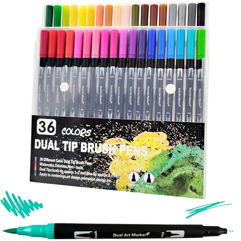 RAYLU PAPER - Set Pennarelli a Doppia Punta Professionali con Punta a Pennello e Fine per Acquerello, Disegni, Calligrafia (36 unità)