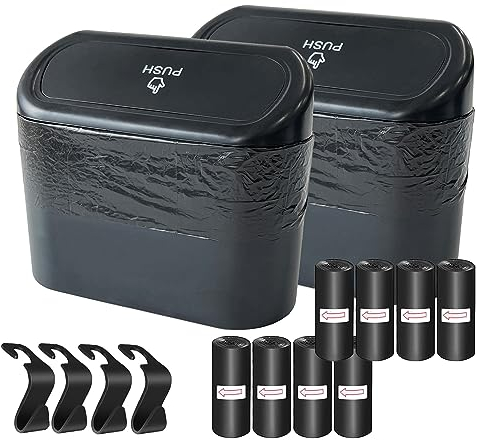KITBEST Car Bin, 2 Pack Mini Car Trash Can Organizer with Lid and 120pcs Trash Bags & 4 Hooks. Small Garbage Rubbish Can Bag for Storage Organization, Front Back Seat Car Accessories Office Home