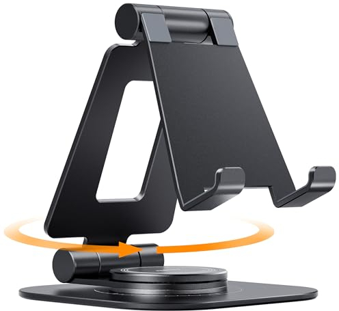 Nulaxy 360 Rotating Phone Stand, Fully Foldable Adjustable Desktop Mobile Phone Holder Cradle Dock, Thick Case Friendly, Compatible with iPhone 17 16 15 14 13 12 11 Pro Max Xs, All Smartphones, Black